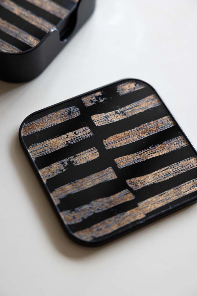 Set of 4 Black & Gold Brushstroke Coasters With Holder