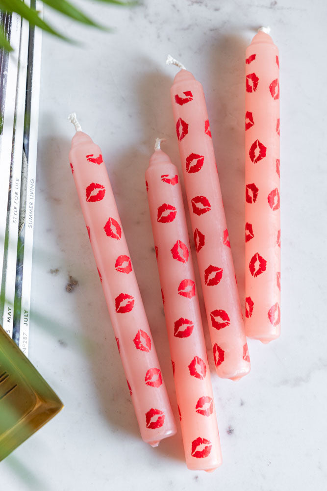 Set of 4 Red Lips Print Dinner Candles