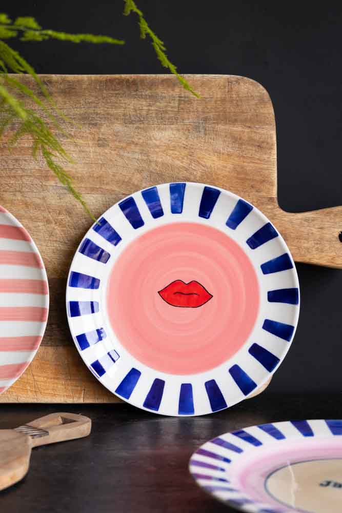 Striped Border & Lips Ceramic Serving Plate