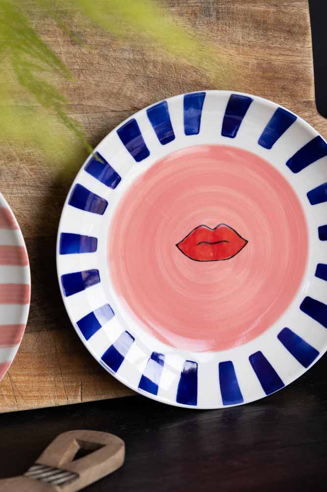 Striped Border & Lips Ceramic Serving Plate