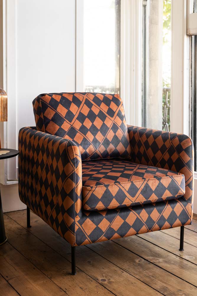 The Edie Caramel Checkerboard Velvet Armchair