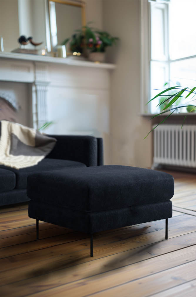 The Grace Footstool In Luxe Needlecord Velvet Midnight Navy