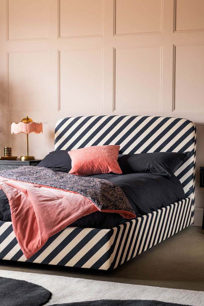 The Jagger Ottoman Bed in Studio Stripe Velvet Sand & Midnight Blue - Available in 2 Sizes