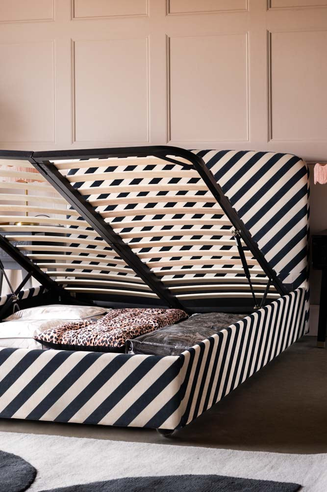 The Jagger Ottoman Bed in Studio Stripe Velvet Sand & Midnight Blue - Available in 2 Sizes