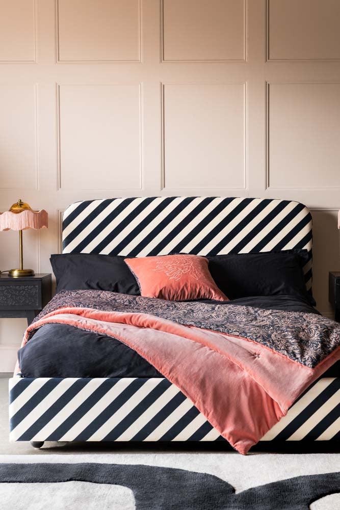 The Jagger Ottoman Bed in Studio Stripe Velvet Sand & Midnight Blue - Available in 2 Sizes