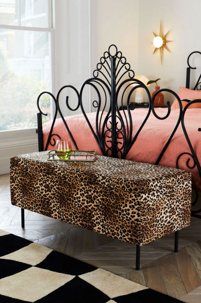Velvet Leopard Print Ottoman Storage Bench