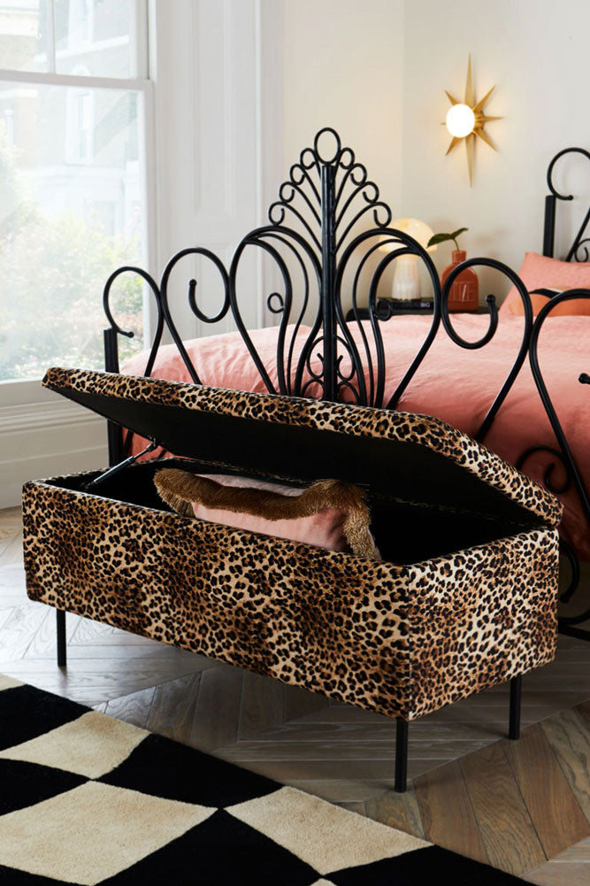 Velvet Leopard Print Ottoman Storage Bench
