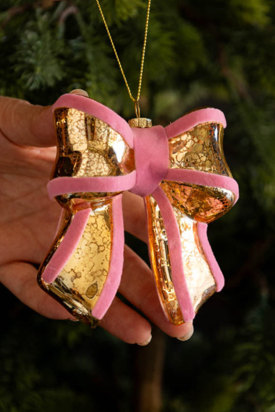 Vintage-Style Pink Bow Glass Christmas Tree Decoration