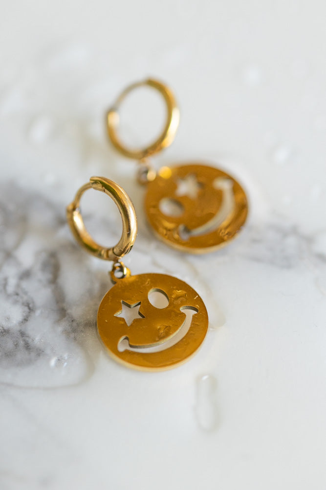 Waterproof Gold Wink Face Charm Earrings