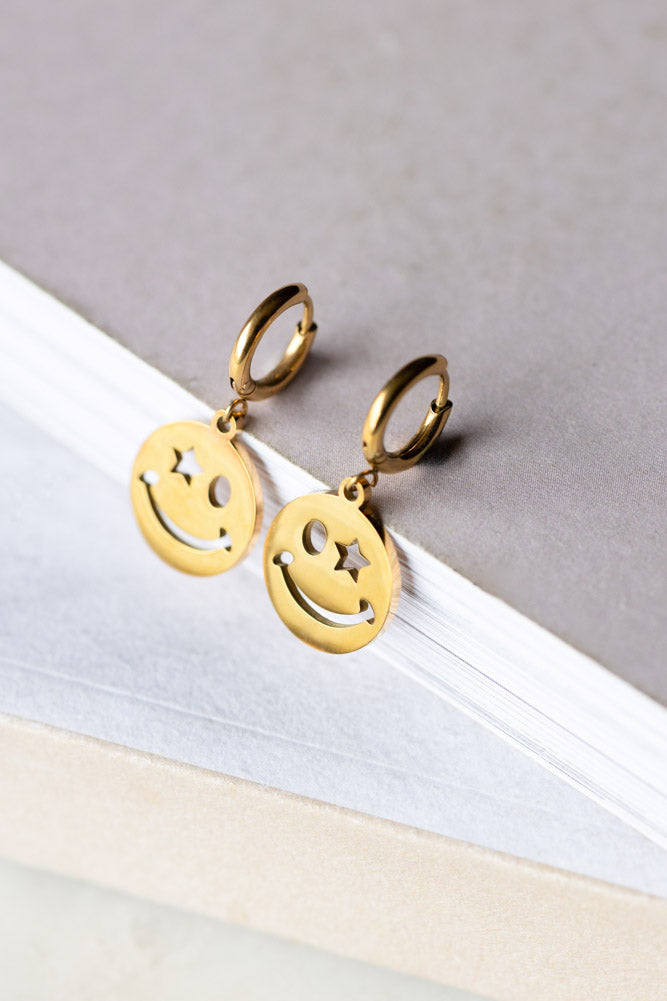 Waterproof Gold Wink Face Charm Earrings