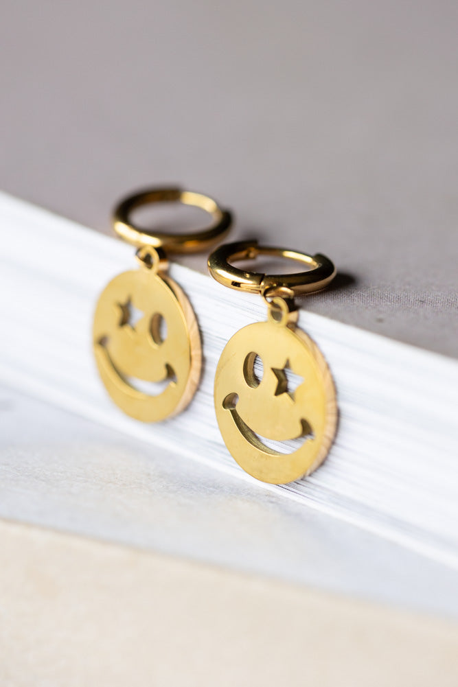 Waterproof Gold Wink Face Charm Earrings