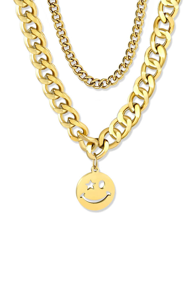 Waterproof Wink Face Gold Duo-Chain Necklace