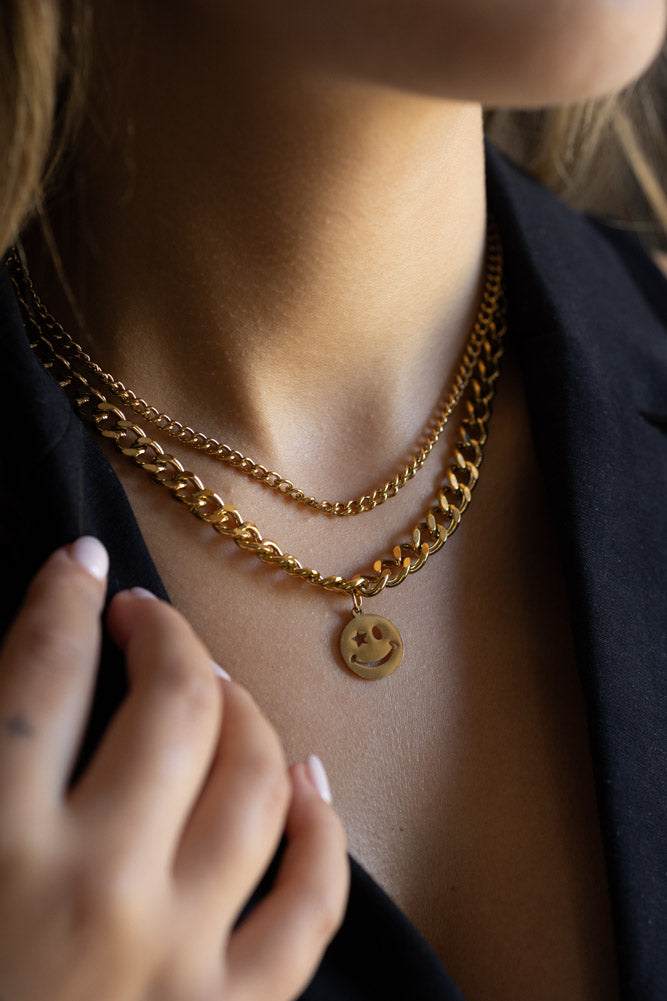 Waterproof Wink Face Gold Duo-Chain Necklace