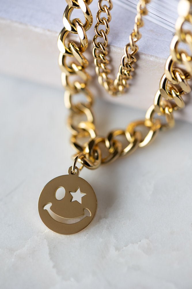 Waterproof Wink Face Gold Duo-Chain Necklace