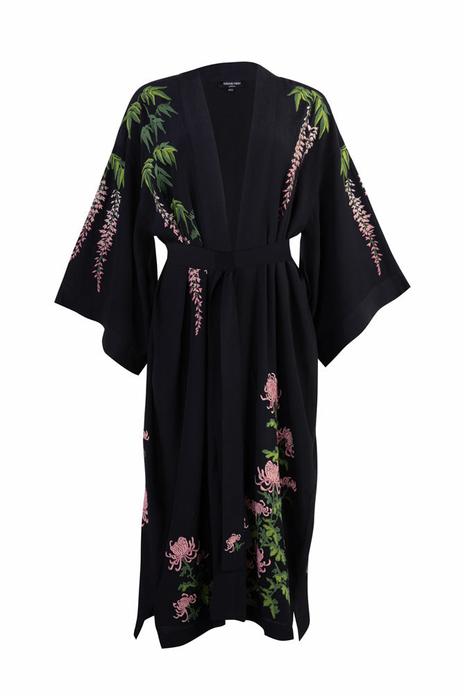 Wisteria & Chrysanthemums Black Kimono - Available in 2 Lengths