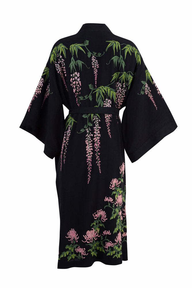 Wisteria & Chrysanthemums Black Kimono - Available in 2 Lengths