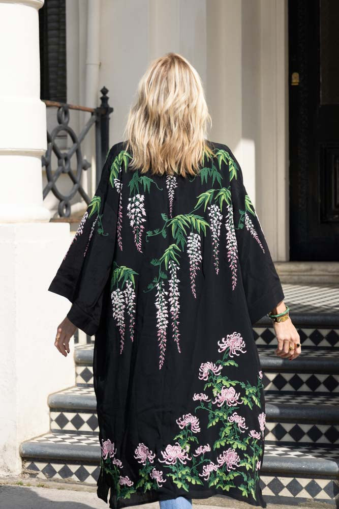 Wisteria & Chrysanthemums Black Kimono - Available in 2 Lengths