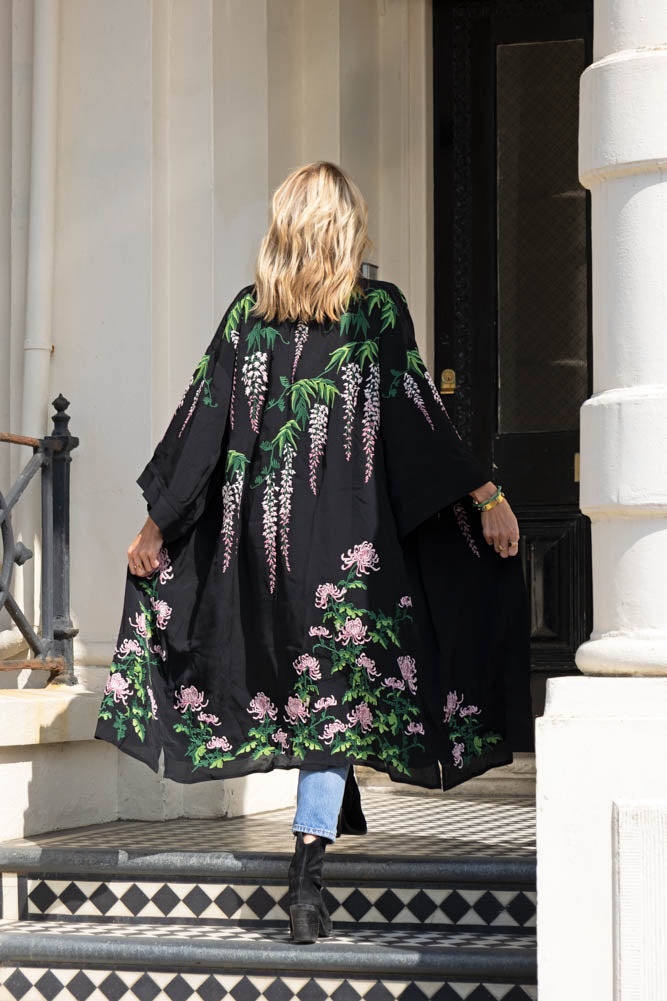 Wisteria & Chrysanthemums Black Kimono - Available in 2 Lengths