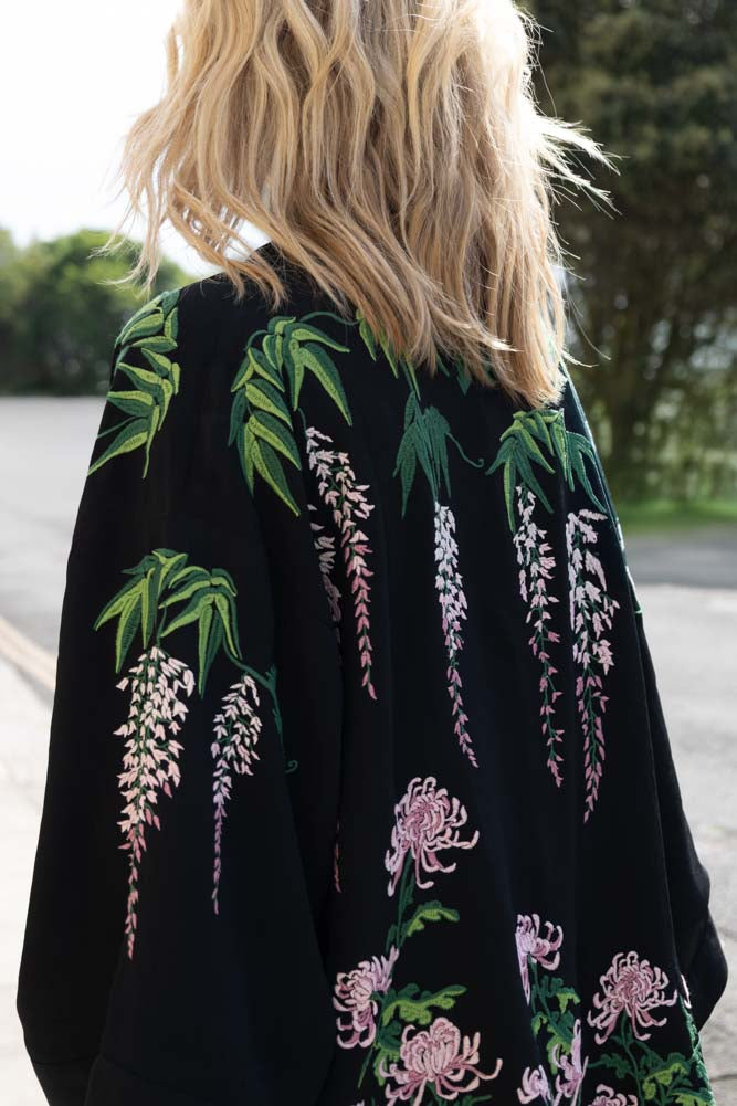 Wisteria & Chrysanthemums Black Kimono - Available in 2 Lengths