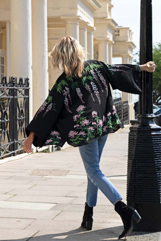 Wisteria & Chrysanthemums Black Kimono - Available in 2 Lengths