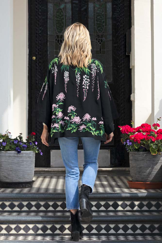 Wisteria & Chrysanthemums Black Kimono - Available in 2 Lengths