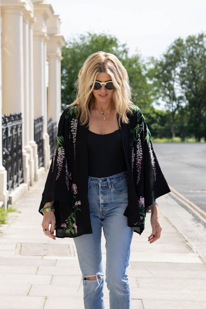 Wisteria & Chrysanthemums Black Kimono - Available in 2 Lengths