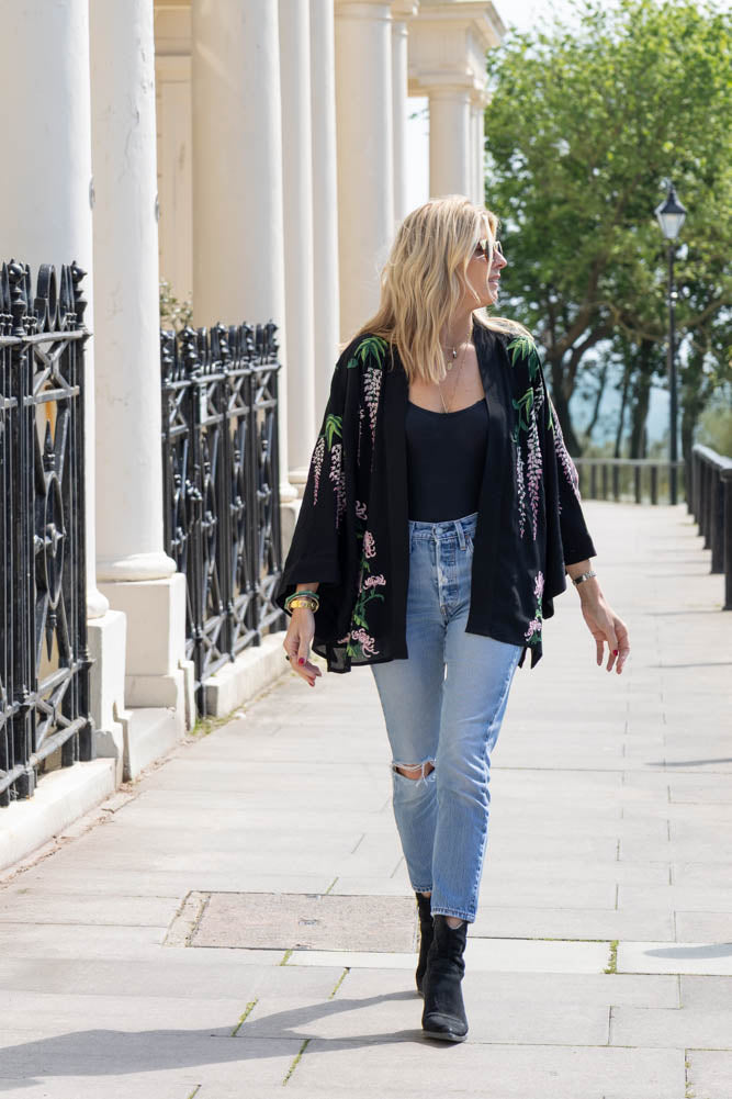 Wisteria & Chrysanthemums Black Kimono - Available in 2 Lengths