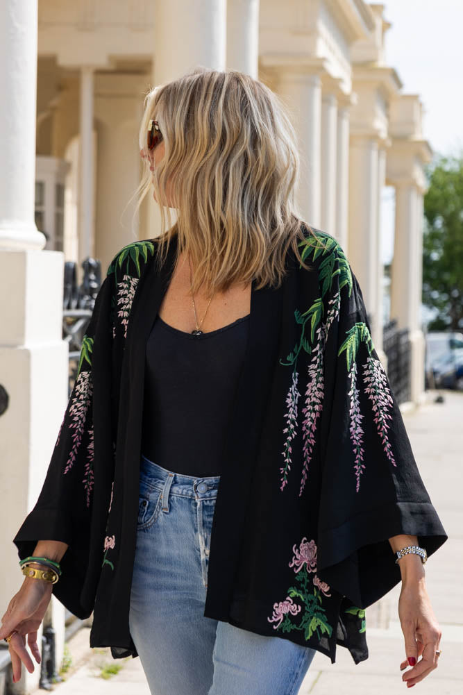 Wisteria & Chrysanthemums Black Kimono - Available in 2 Lengths